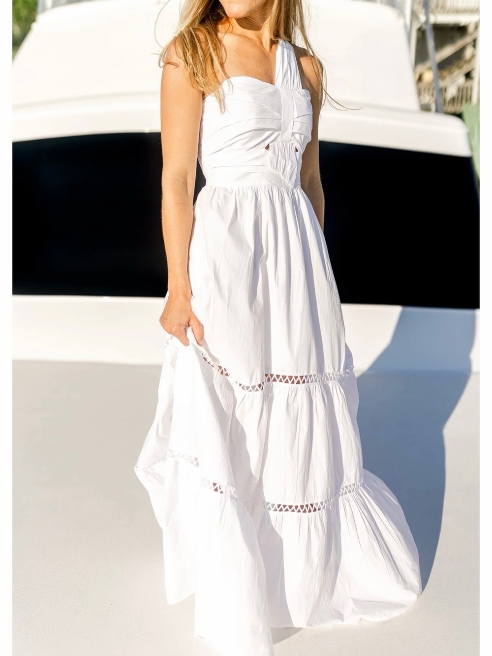 Southern Frock White One-Shoulder Maxi Dress with Eyelet Trim